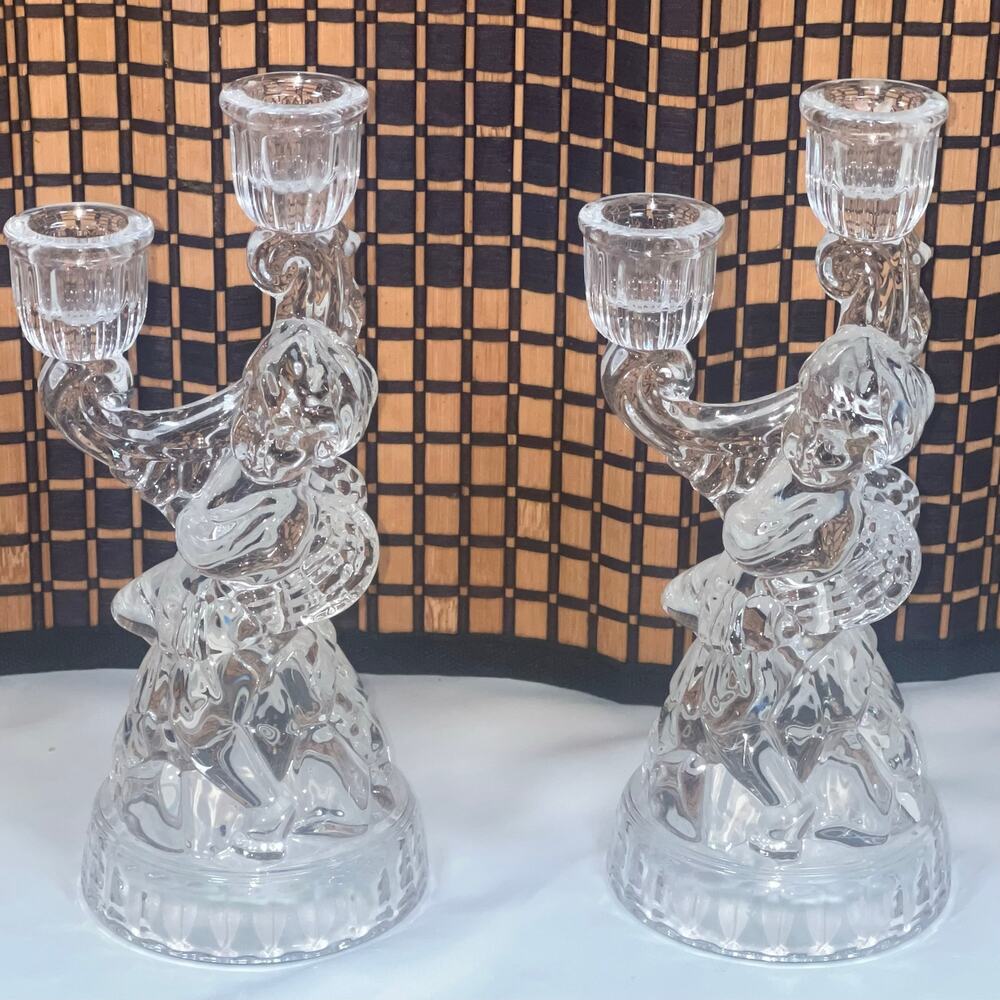 Vintage Candlestick Holders Mikasa Clear Glass Cherub Angels Set of 2